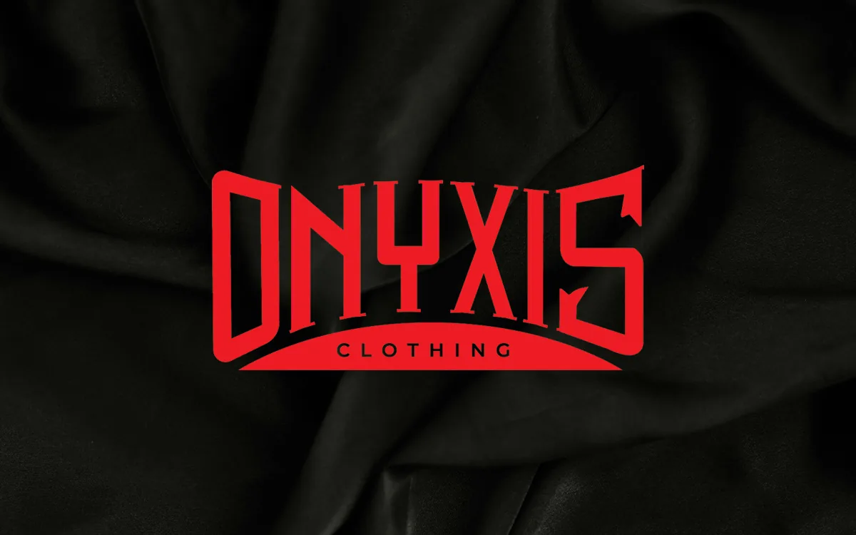 Onyxis Clothing logo in bold red lettering on a black fabric background