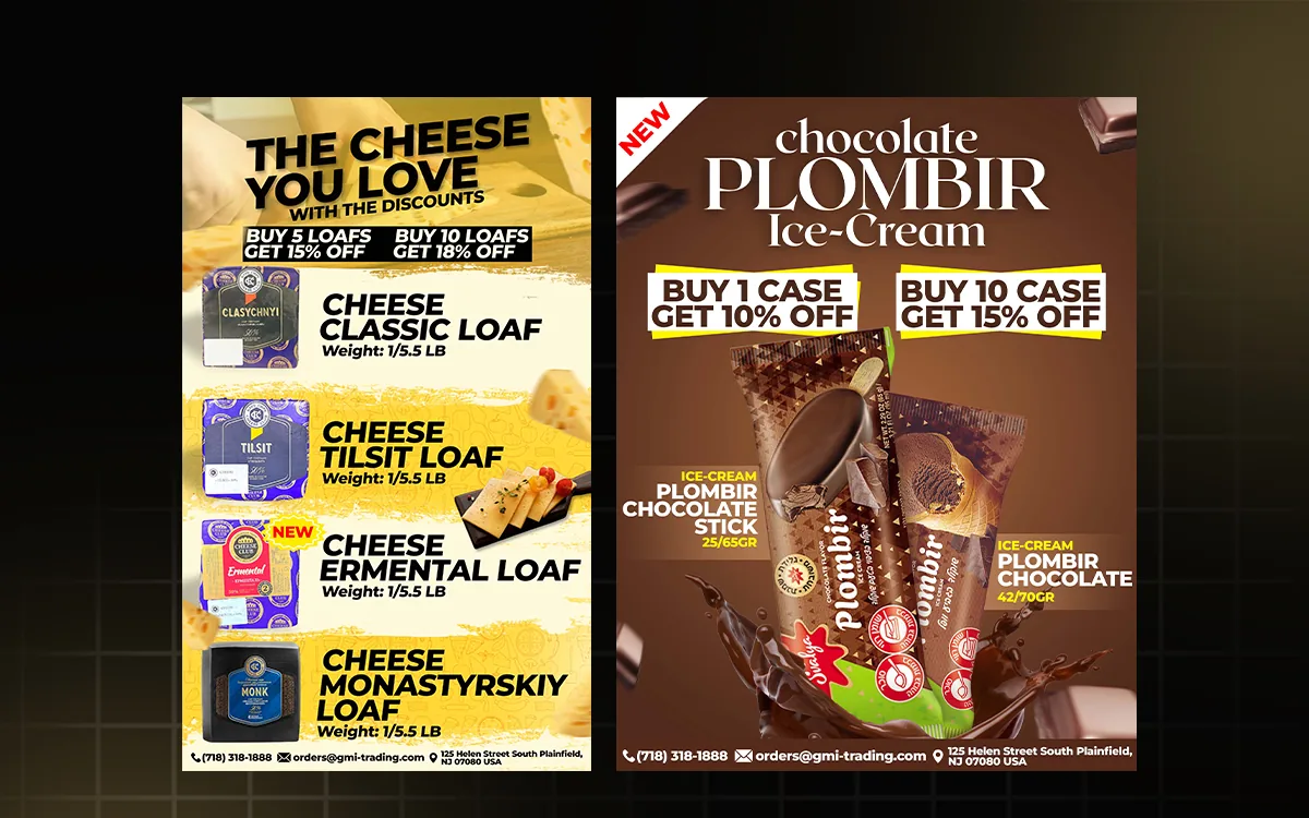 Yellow and dark promotional flyers advertising discounted cheese loaves and ice cream products