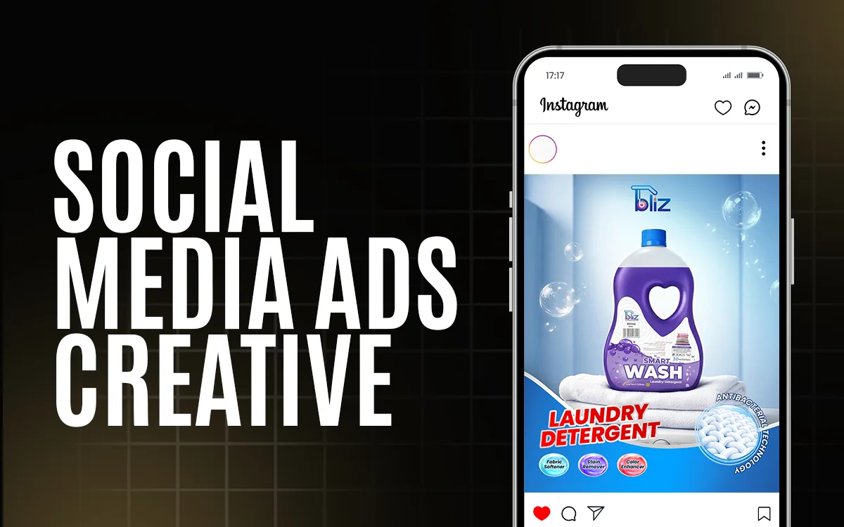 Instagram ad creative showing a purple laundry detergent bottle with bubbles and feature badges
