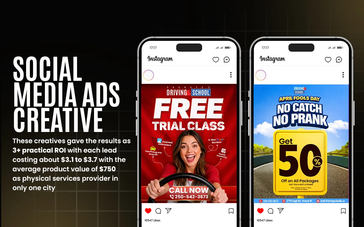 Two Instagram driving school ads promoting a free trial class and fifty percent off packages