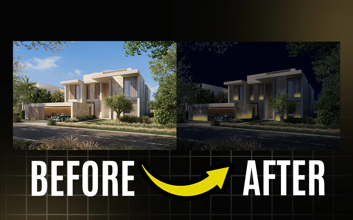 Before and after photo edits: a villa changed from day to night, and a race car with sponsor logos removed