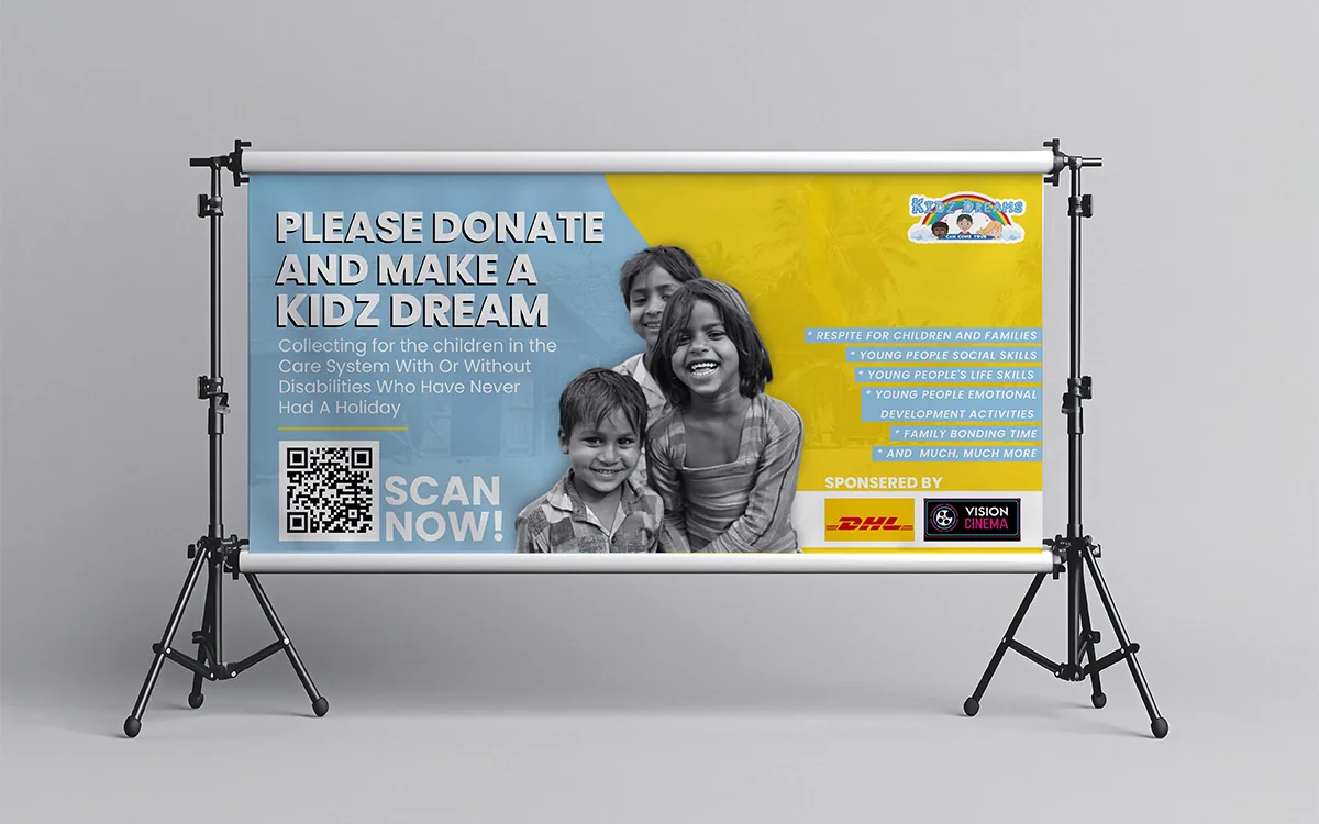 Blue and yellow charity banner reading Please Donate and Make a Kidz Dream with smiling children and a QR code
