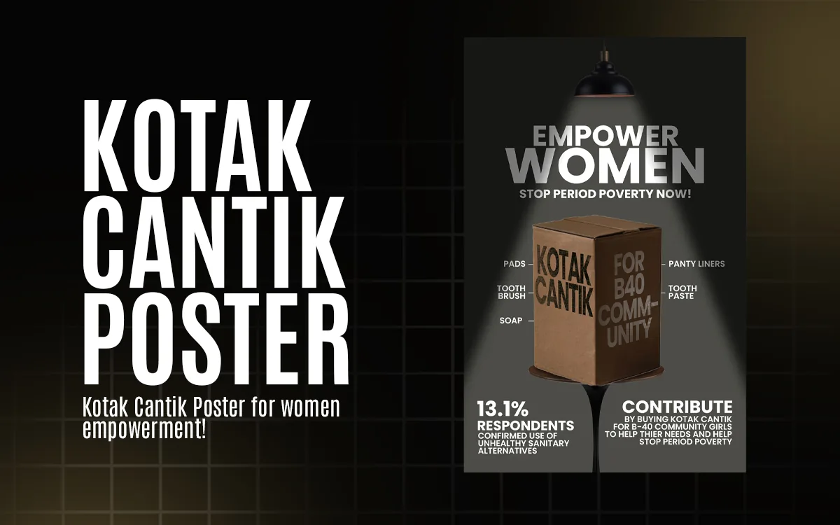Dark awareness poster reading Empower Women, Stop Period Poverty, with a donation box of essentials