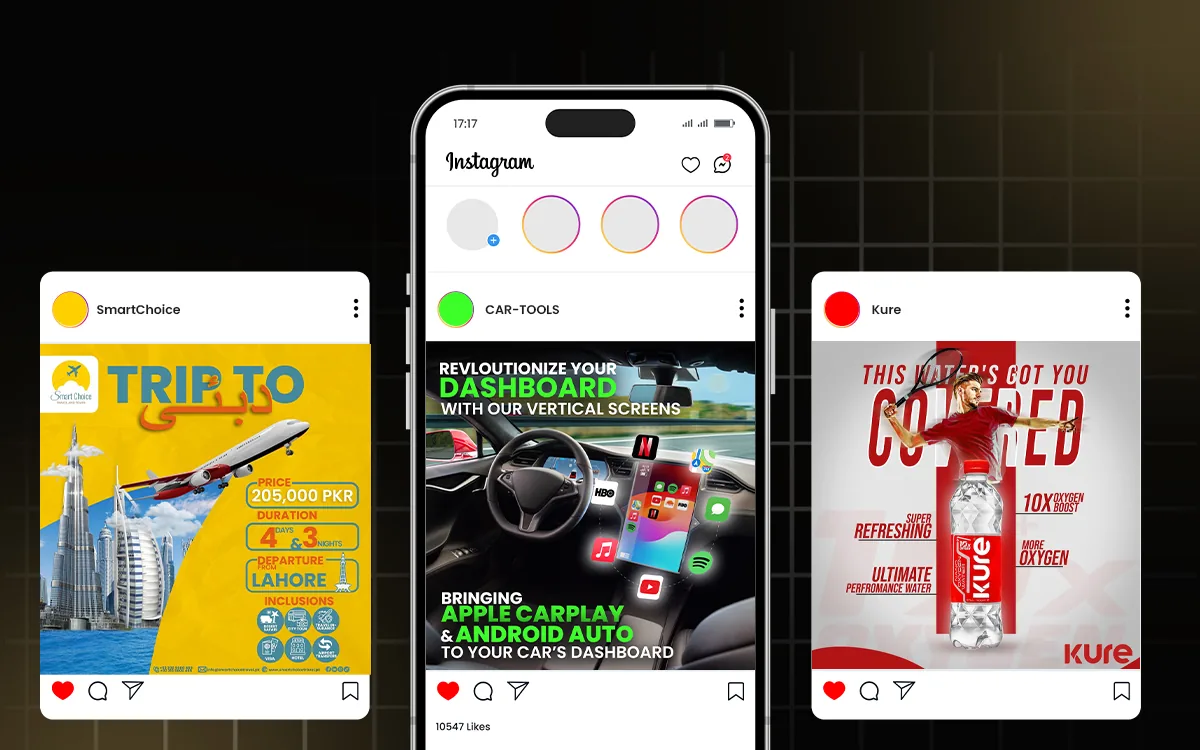 Three Instagram post designs for a travel deal, a car dashboard product and a bottled water brand