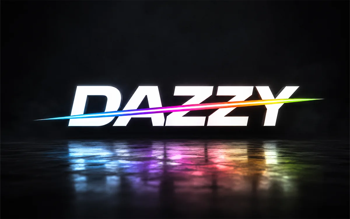 Dazzy wordmark in white with a rainbow RGB light streak on a dark reflective background