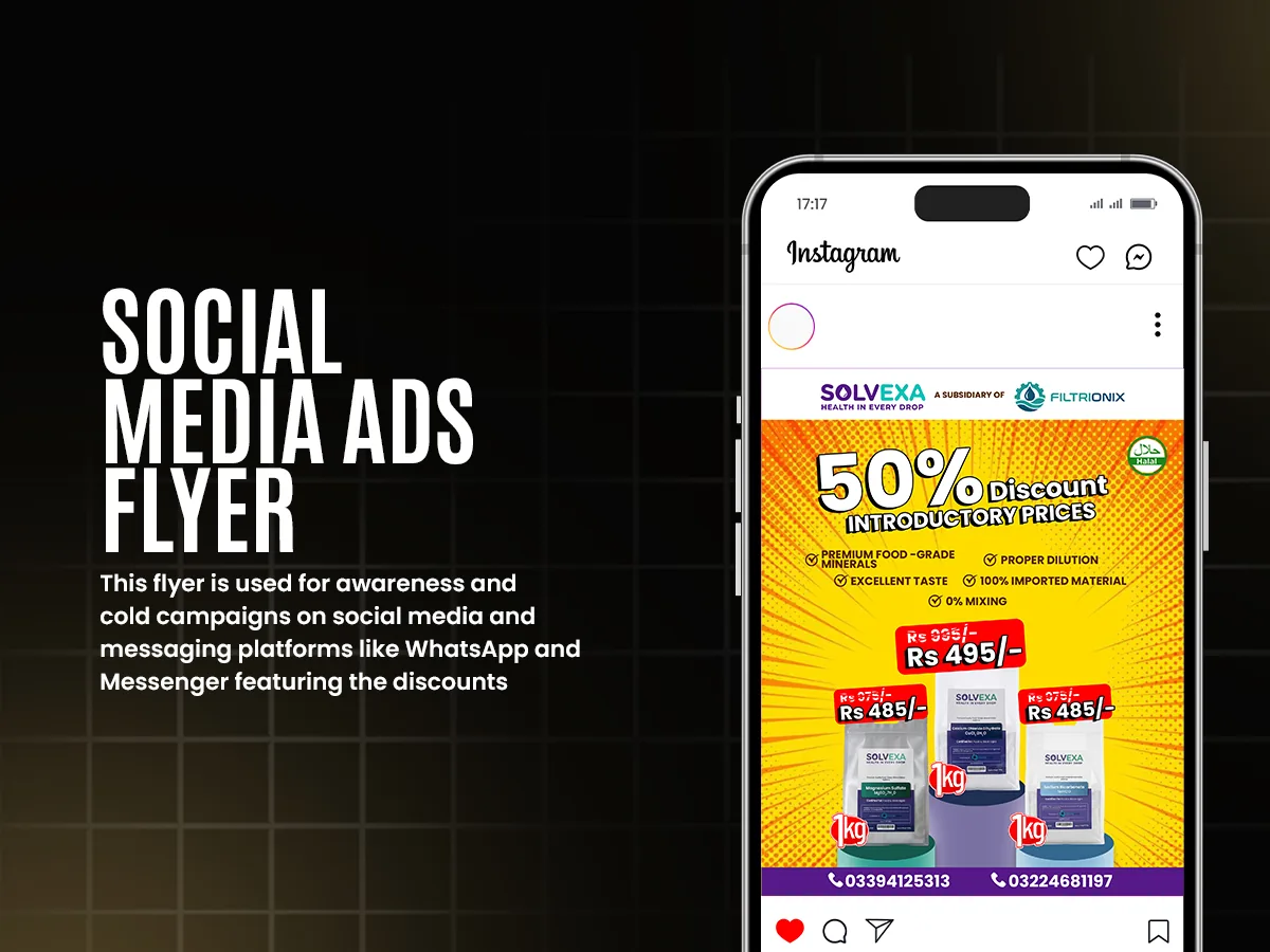 Solvexa 50% discount social media ad flyer shown as an Instagram post on a phone