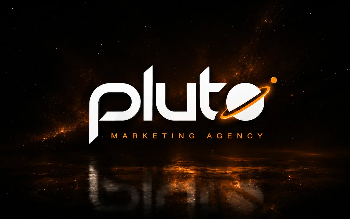 Pluto Marketing Agency logo with an orbiting planet icon on a dark starry background