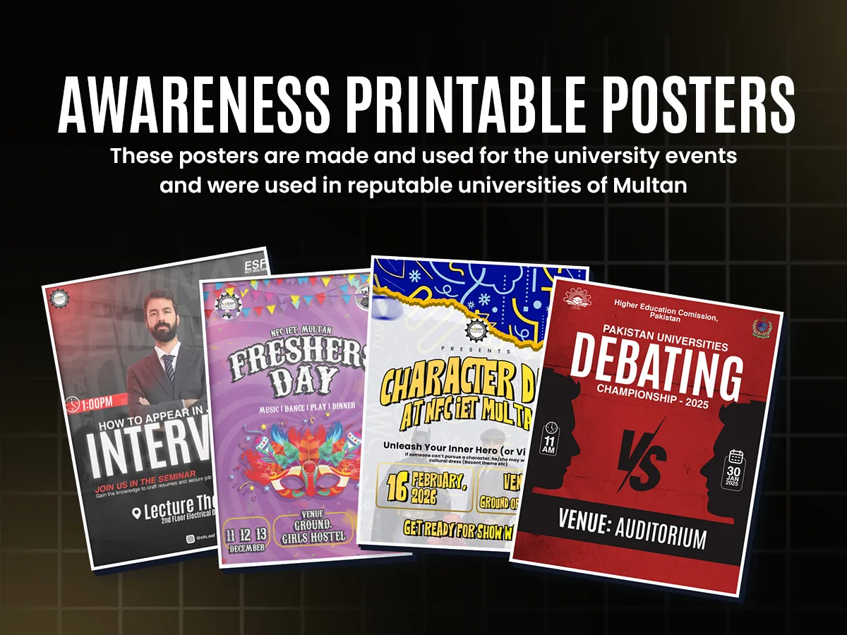 Four printable university event posters for a career seminar, Freshers Day, Character Day and a debating championship